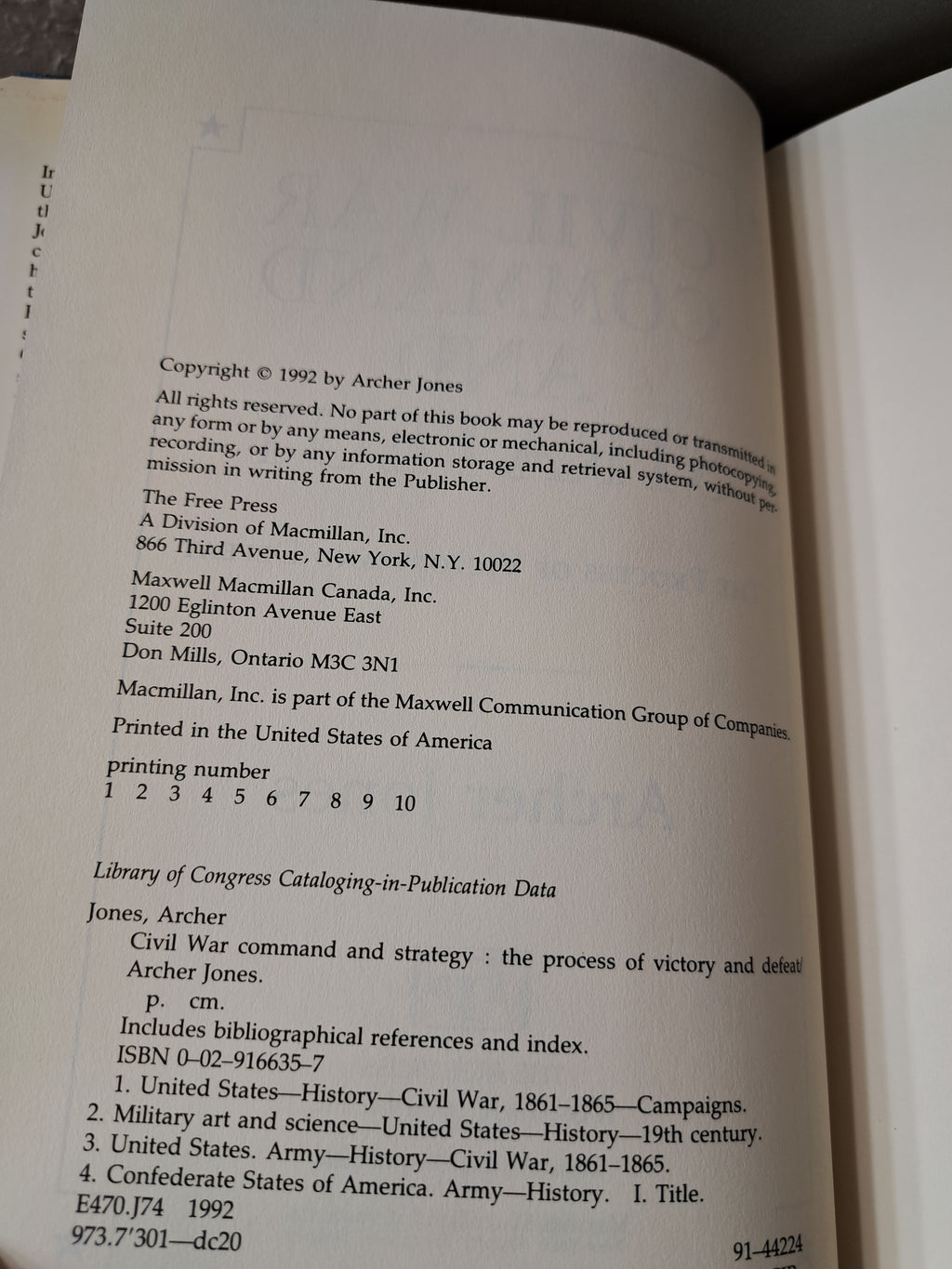 1992 first edition of Civil War Command and Strategy: The Process of Victory and Defeat by Archer Jones