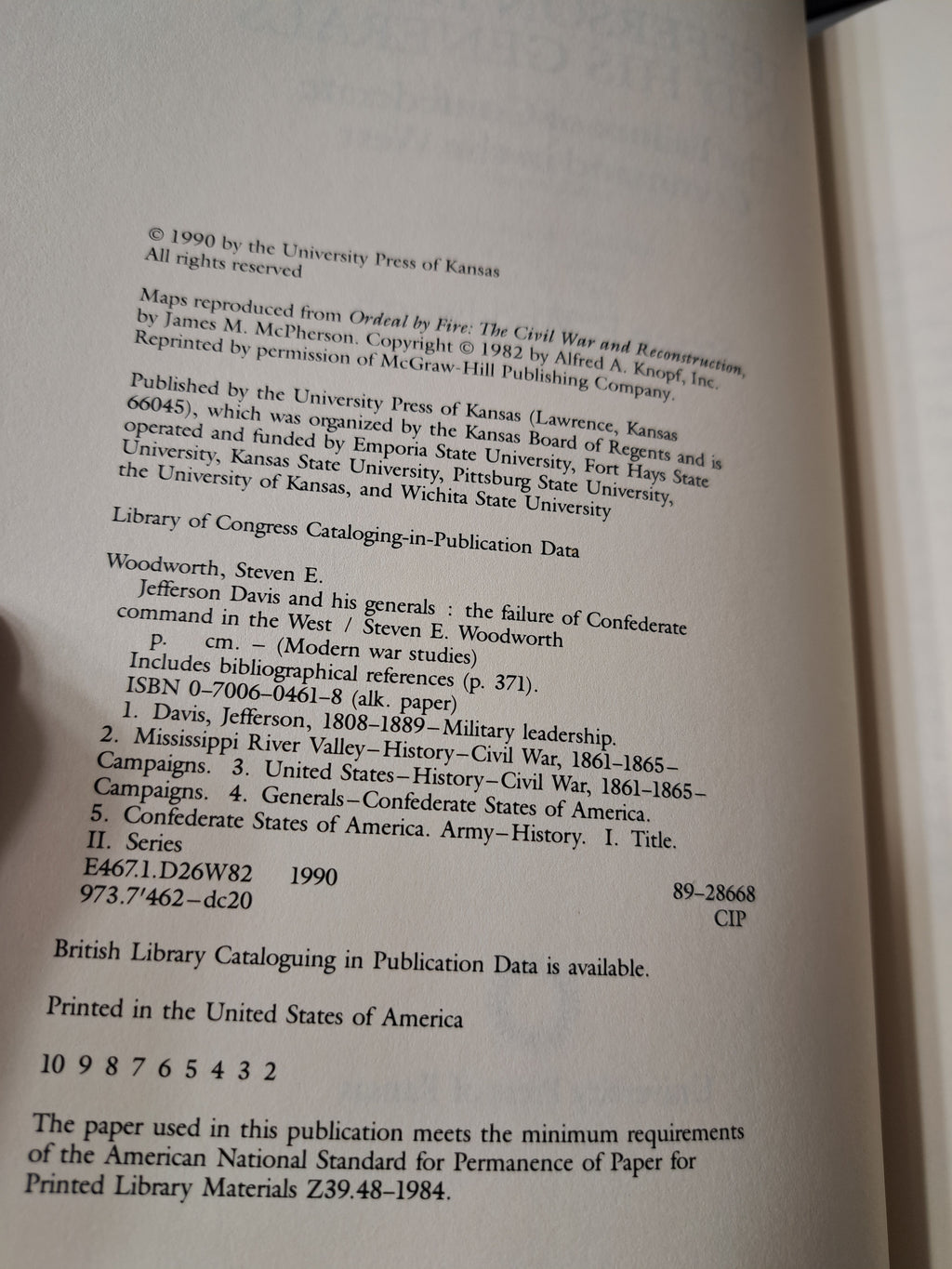 1990 first edition of Jefferson Davis and His Generals by Steven E Woodworth
