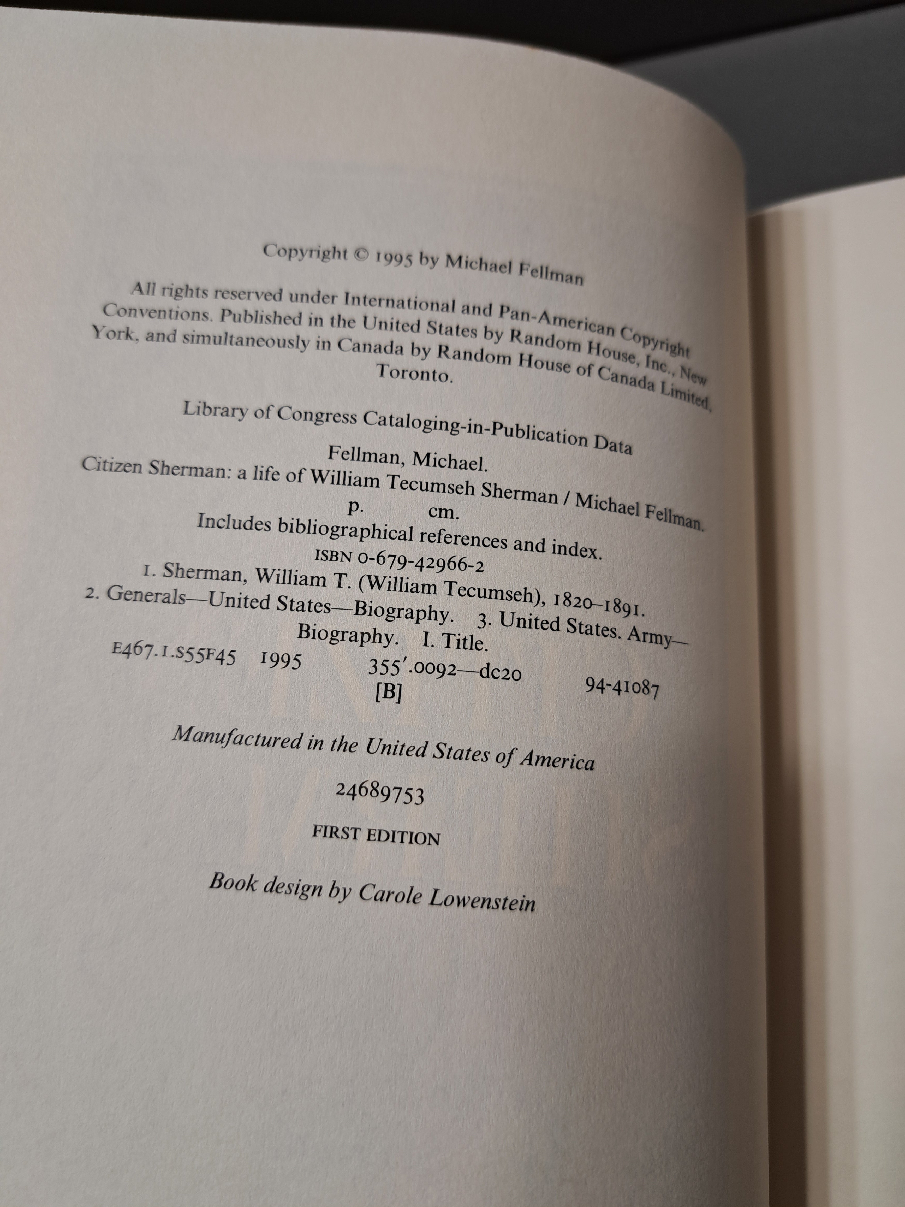 1995 first edition of Citizen Sherman: A Life of William Tecumseh Sherman by Michael Fellman