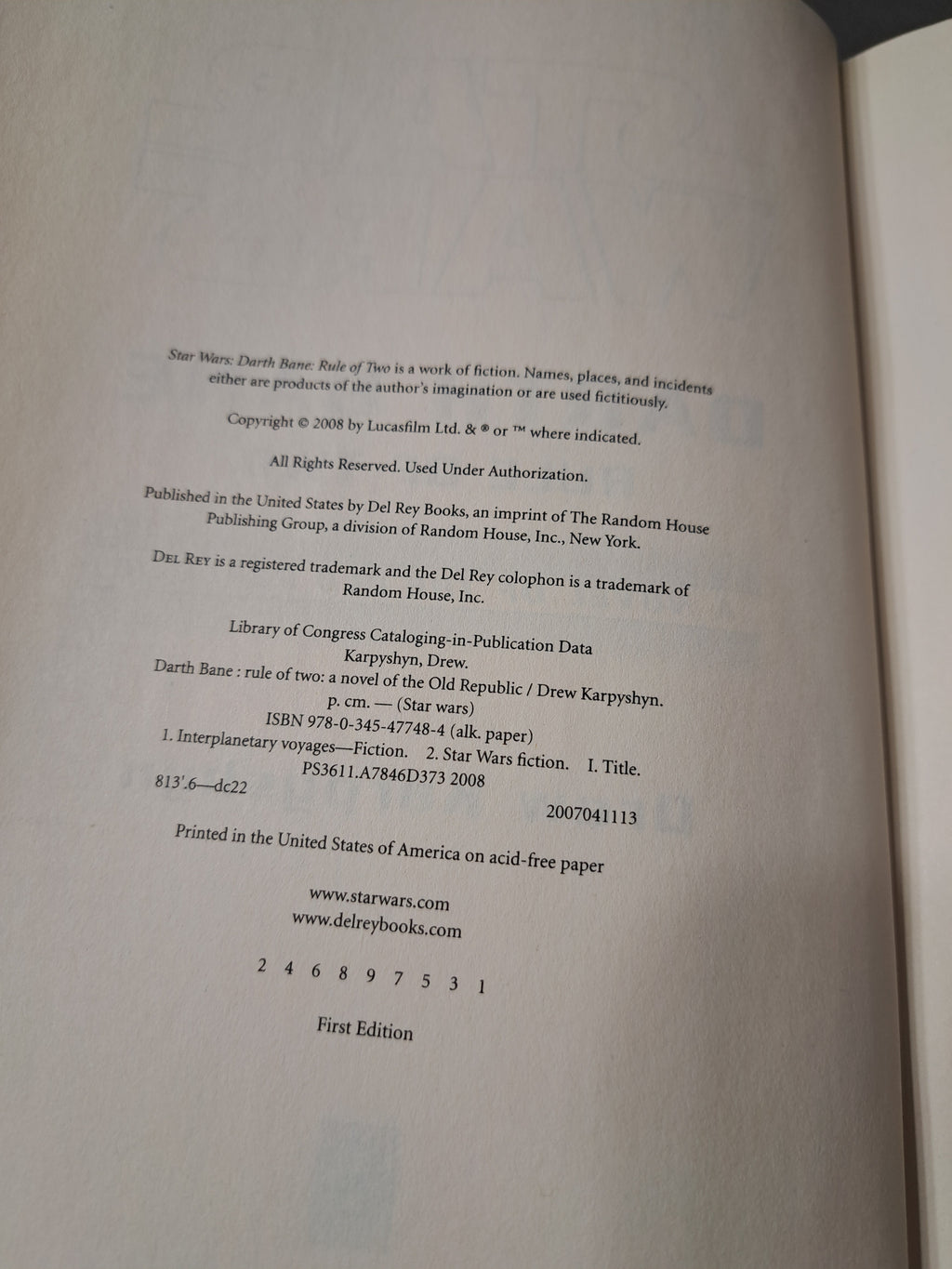 First edition of Star Wars: Darth Bane Rule of Two by Drew Karpyshyn