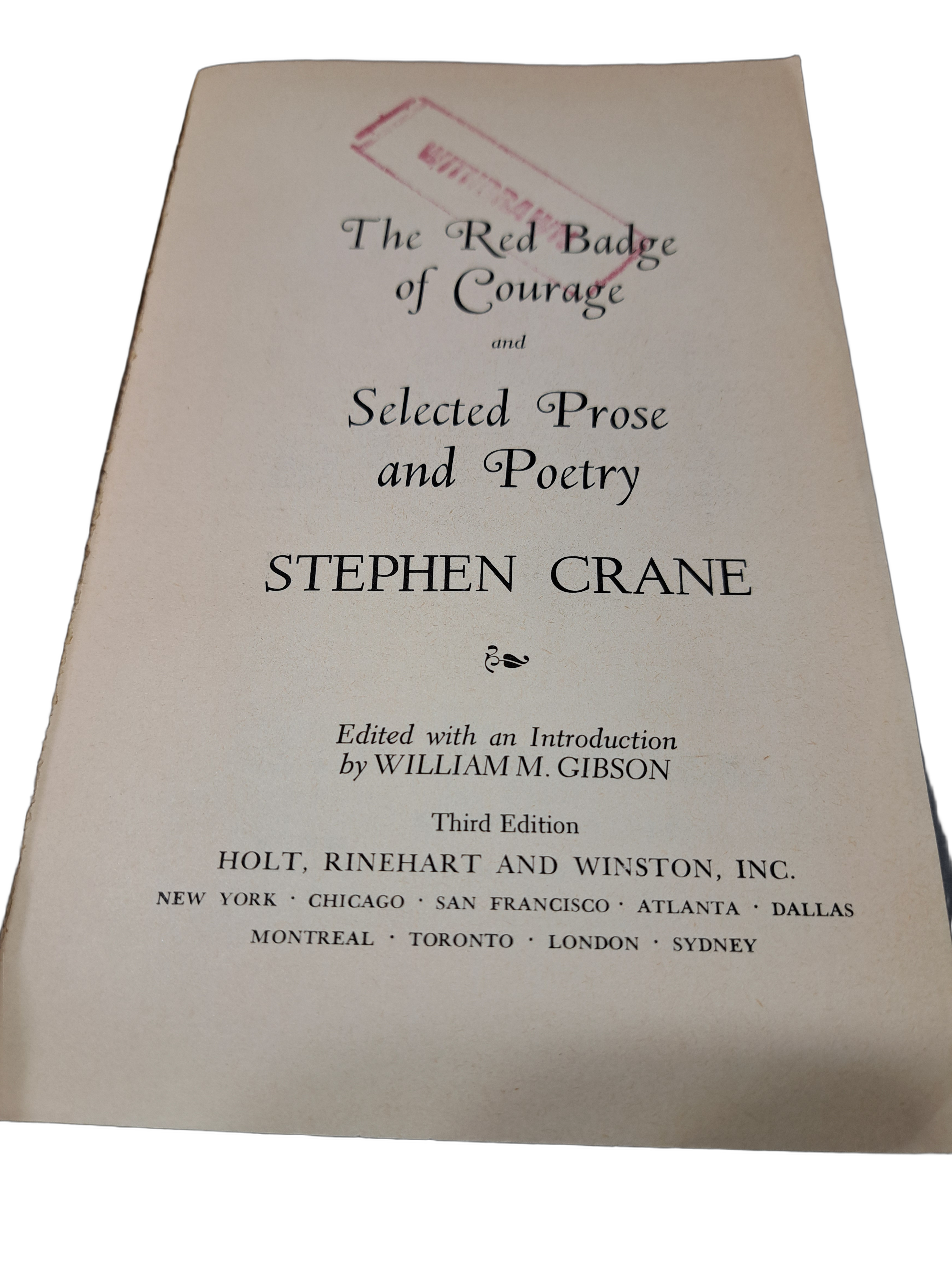 Vintage 1968 The Red Badge of Courage and Selected Prose and Poetry by Stephen Crane