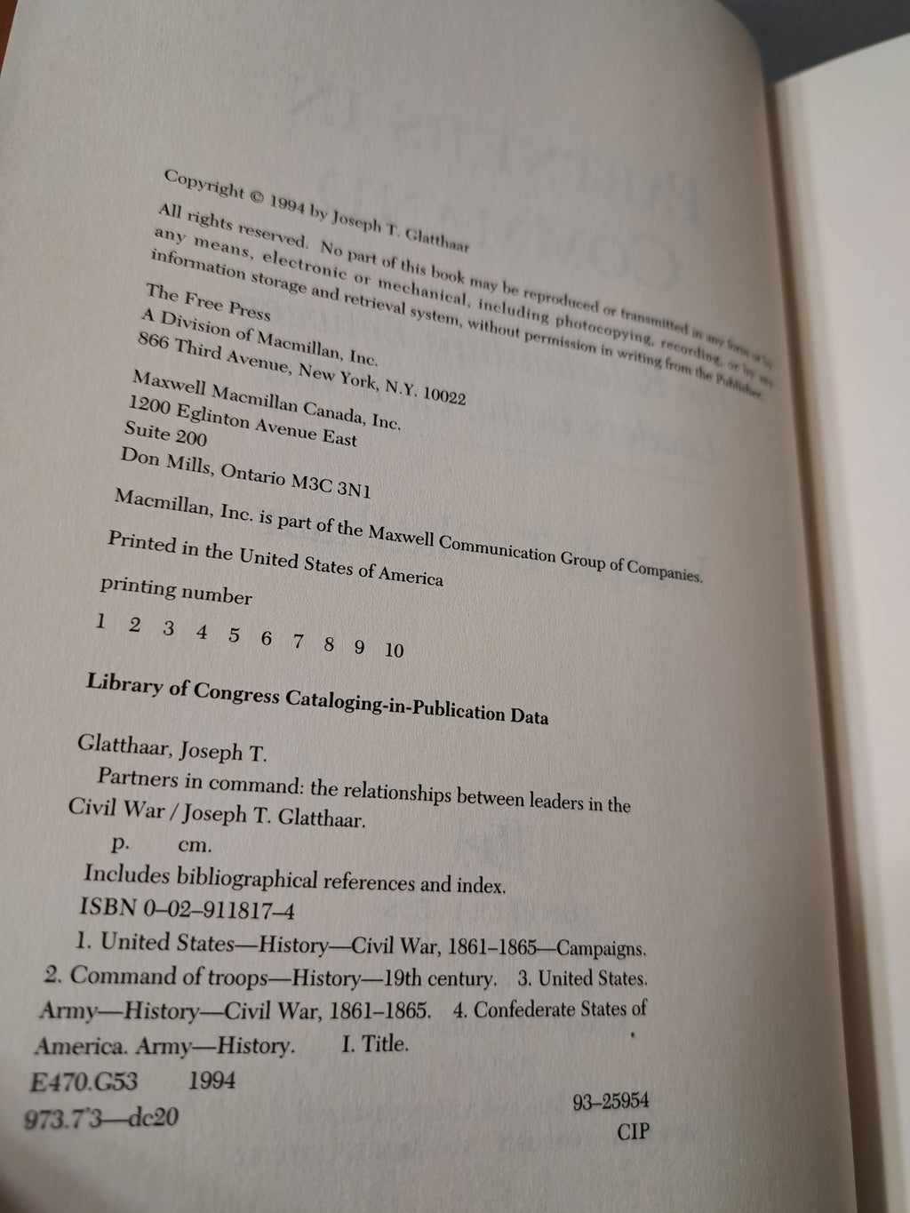 1994 first edition of Partners In Command: The Relationships Between Leaders in the Civil War by Joseph T Glatthaar