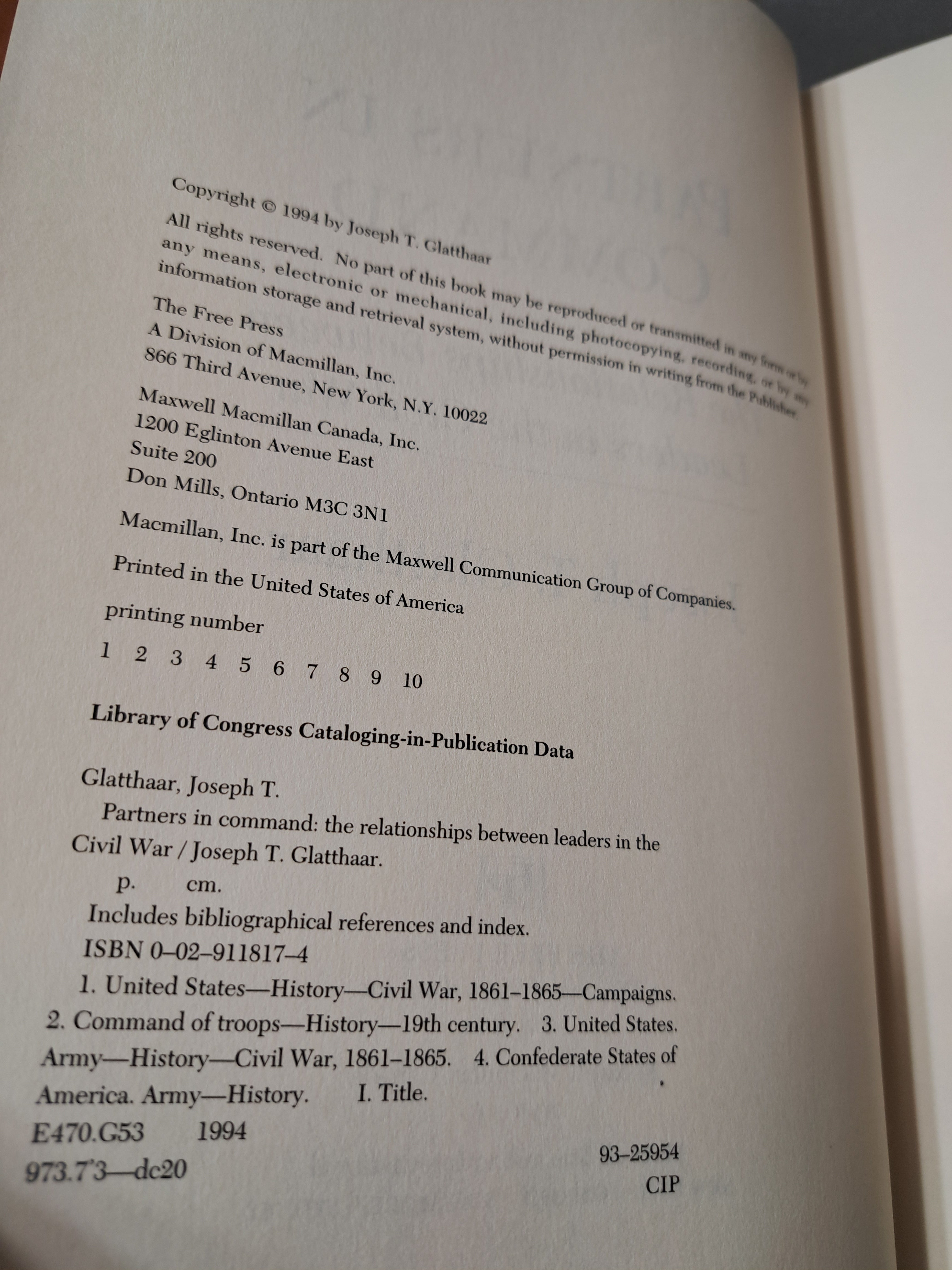 1994 first edition of Partners In Command: The Relationships Between Leaders in the Civil War by Joseph T Glatthaar