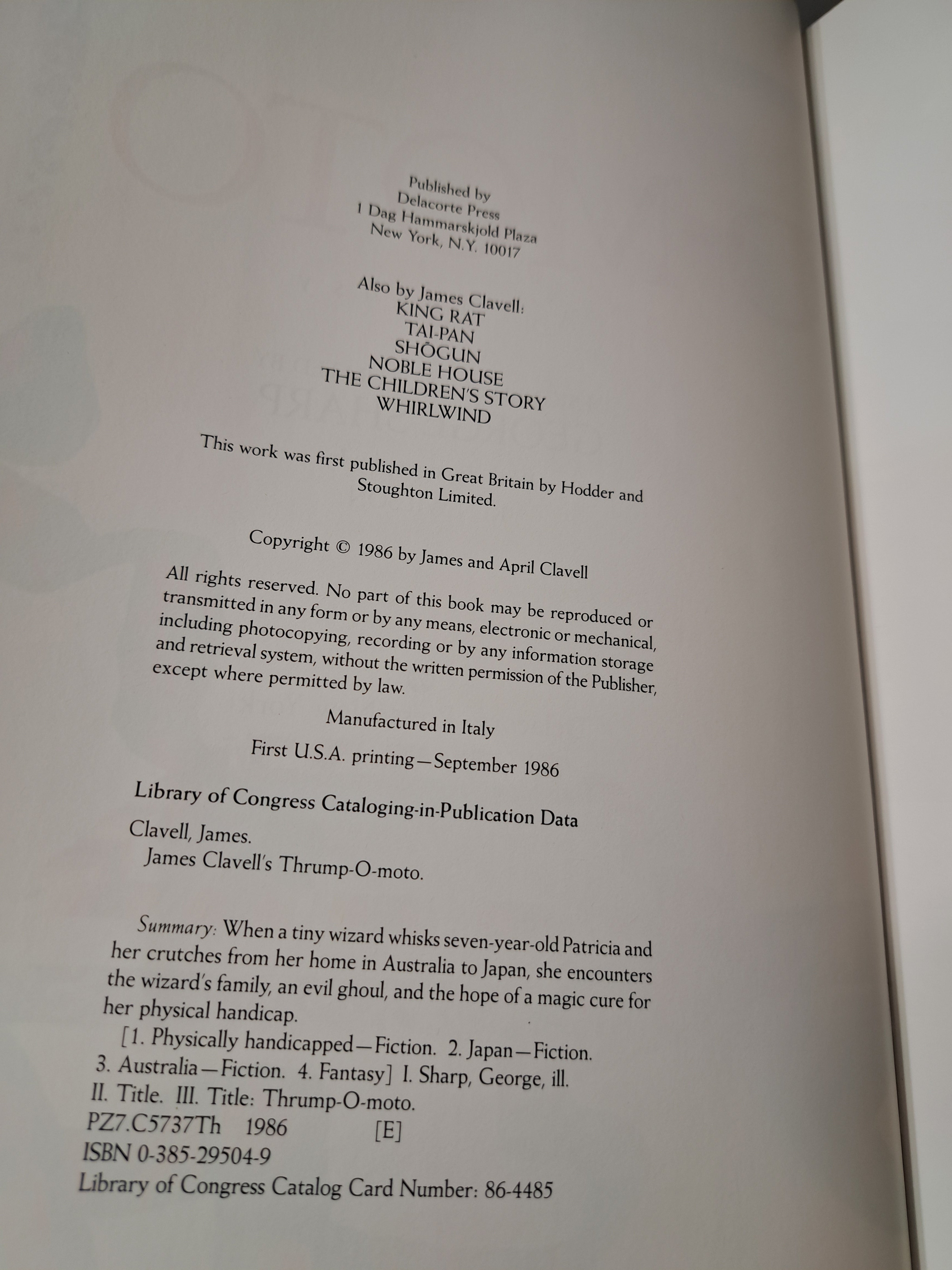 Vintage 1986 Thrump-O-Moto, A Fantasy by James Clavell's