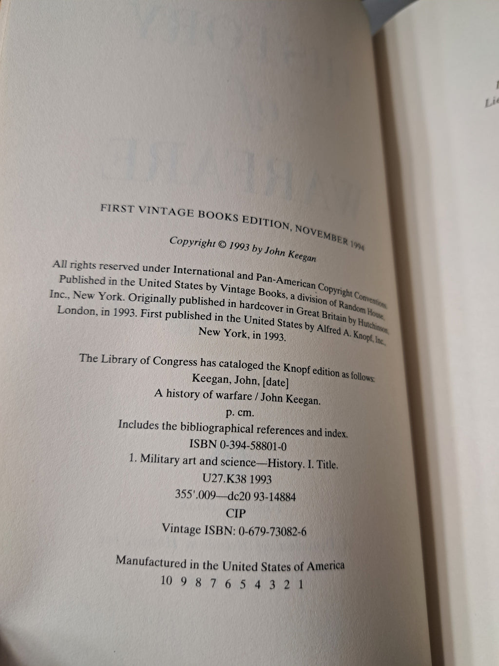 First vintage books edition, November 1994 of A History of Warfare by John Keegan