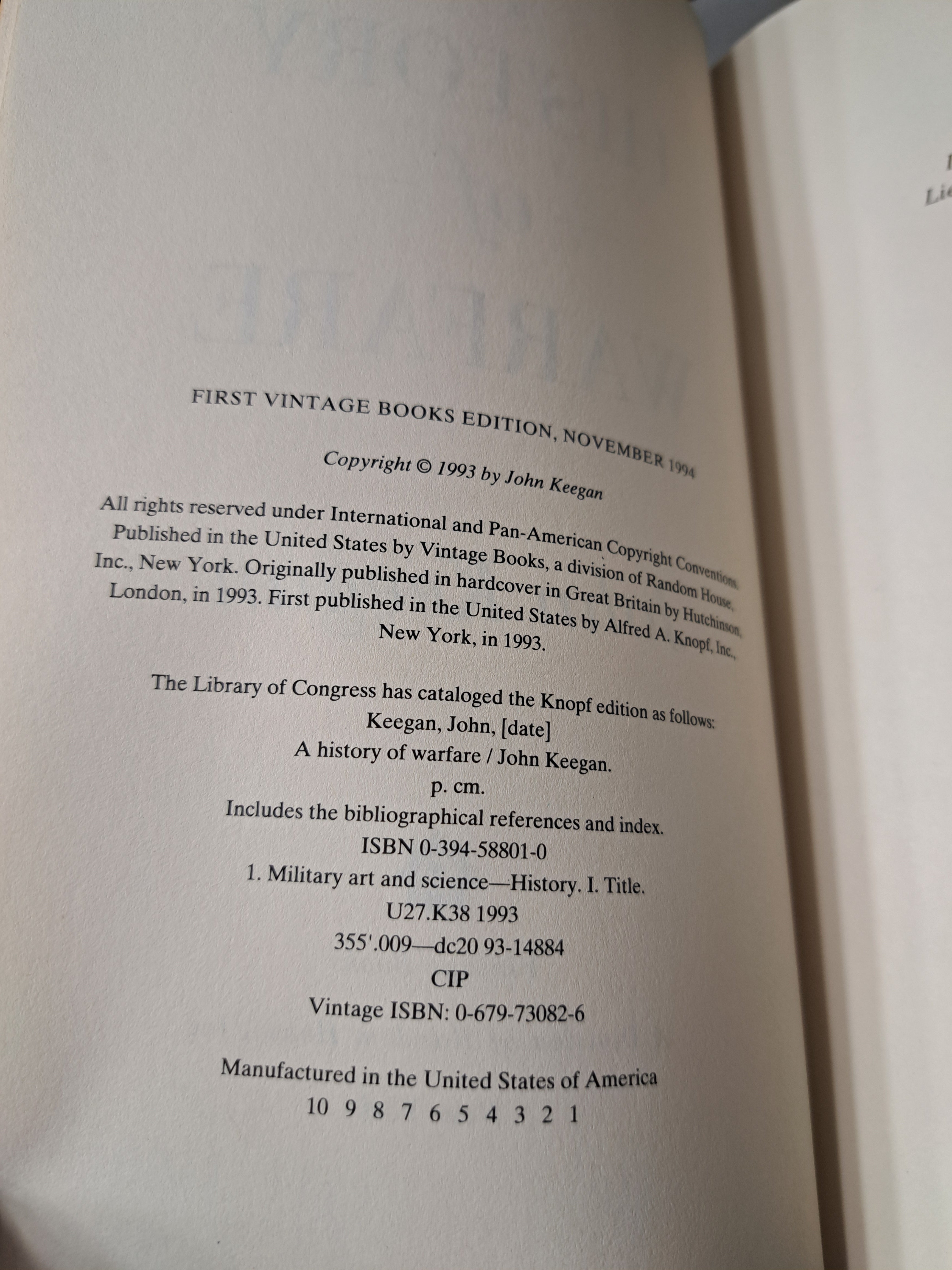 First vintage books edition, November 1994 of A History of Warfare by John Keegan