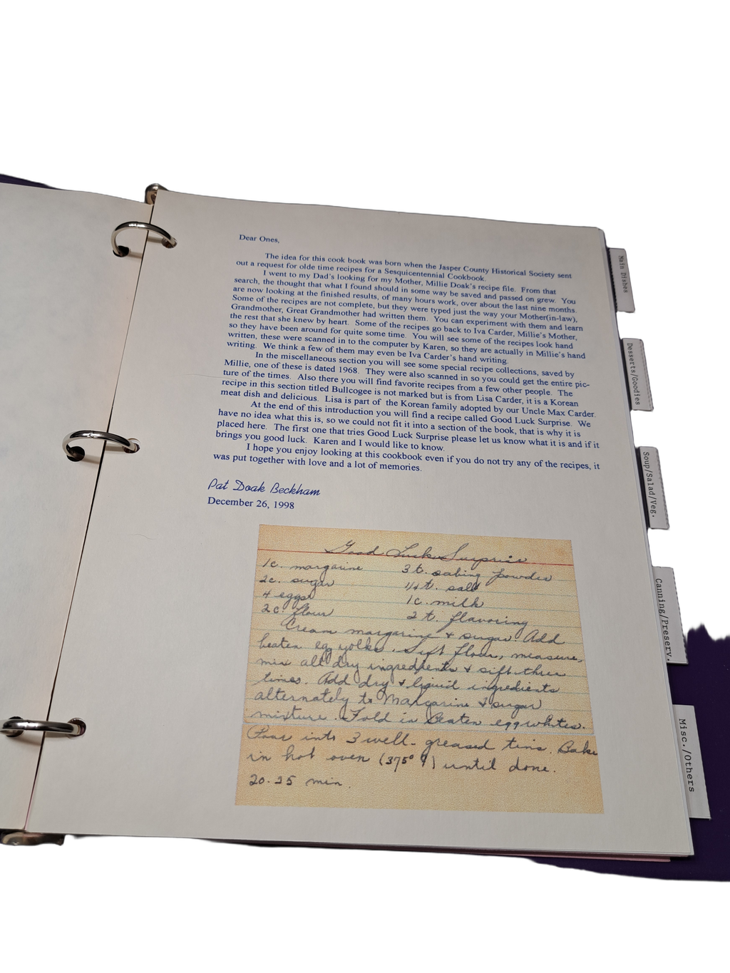 Cooking Memories, A Reminiscence cookbook