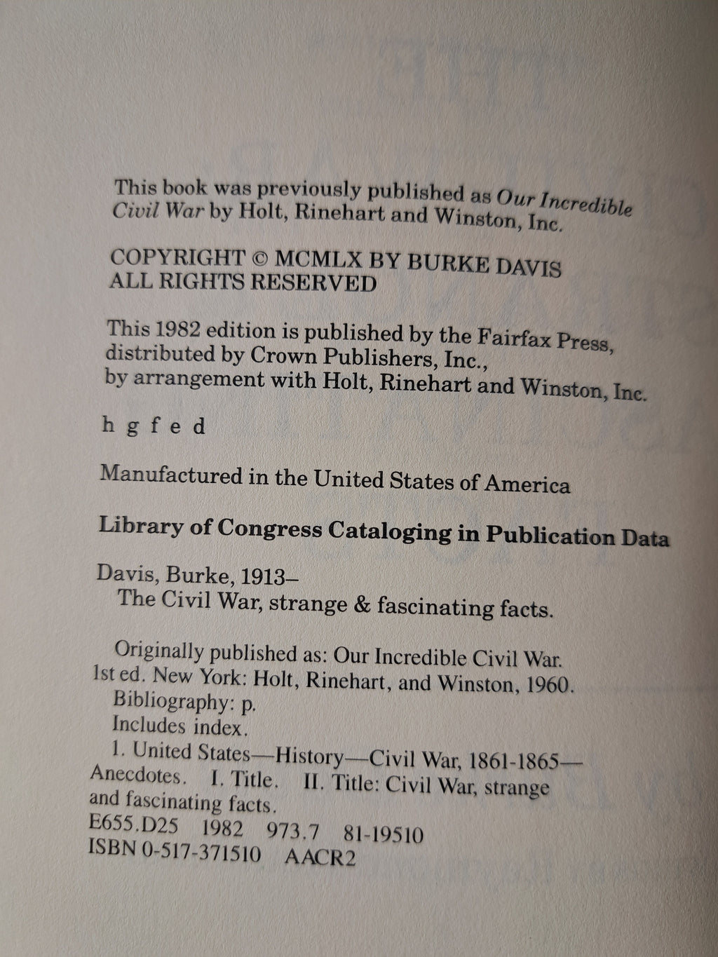 Vintage 1982 The Civil War: Strange & Fascinating Facts by Burke Davis
