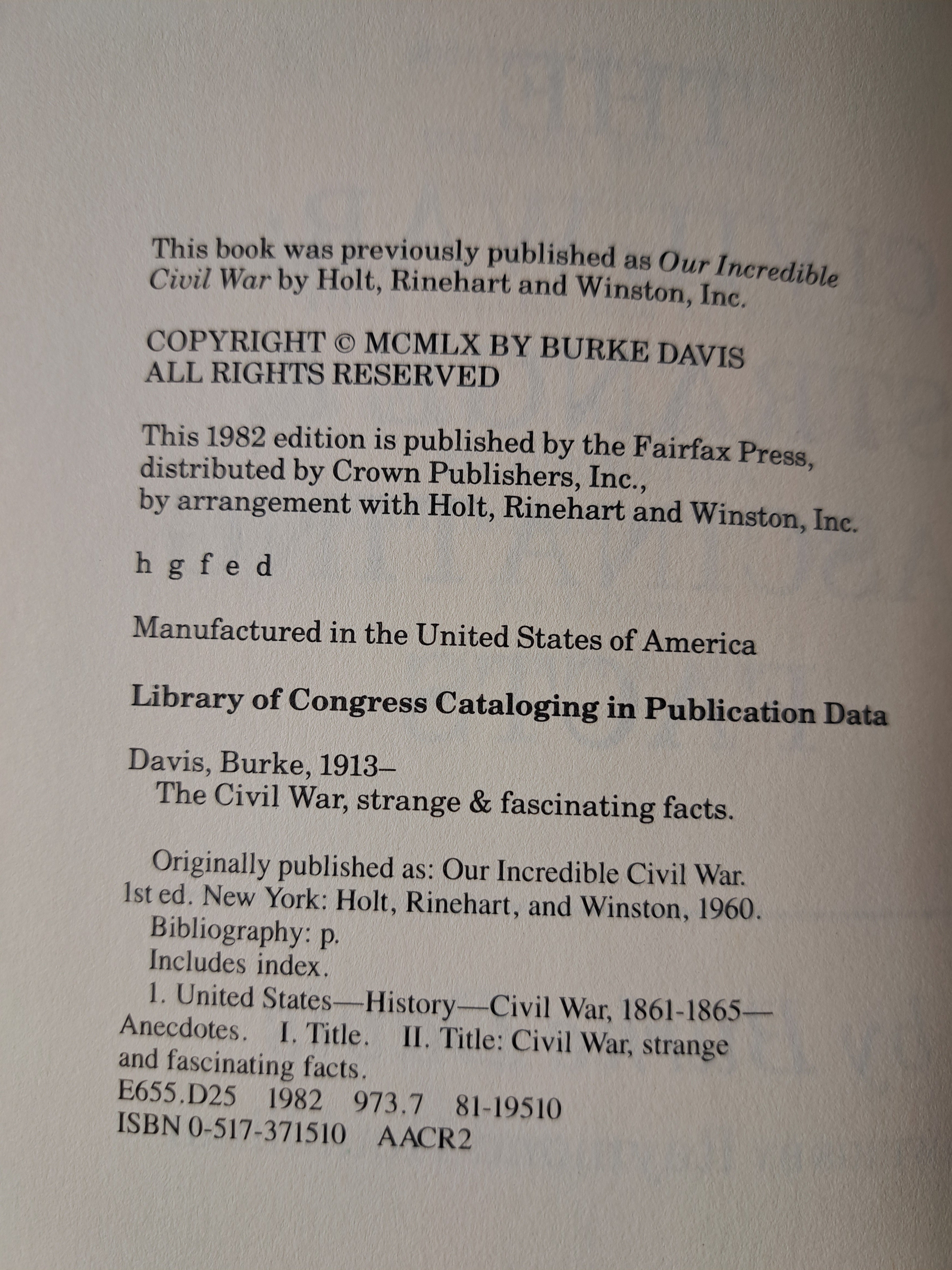 Vintage 1982 The Civil War: Strange & Fascinating Facts by Burke Davis