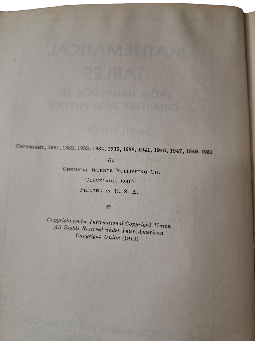 Vintage 1951 Mathematical Tables from Handbook of Chemistry & Physics