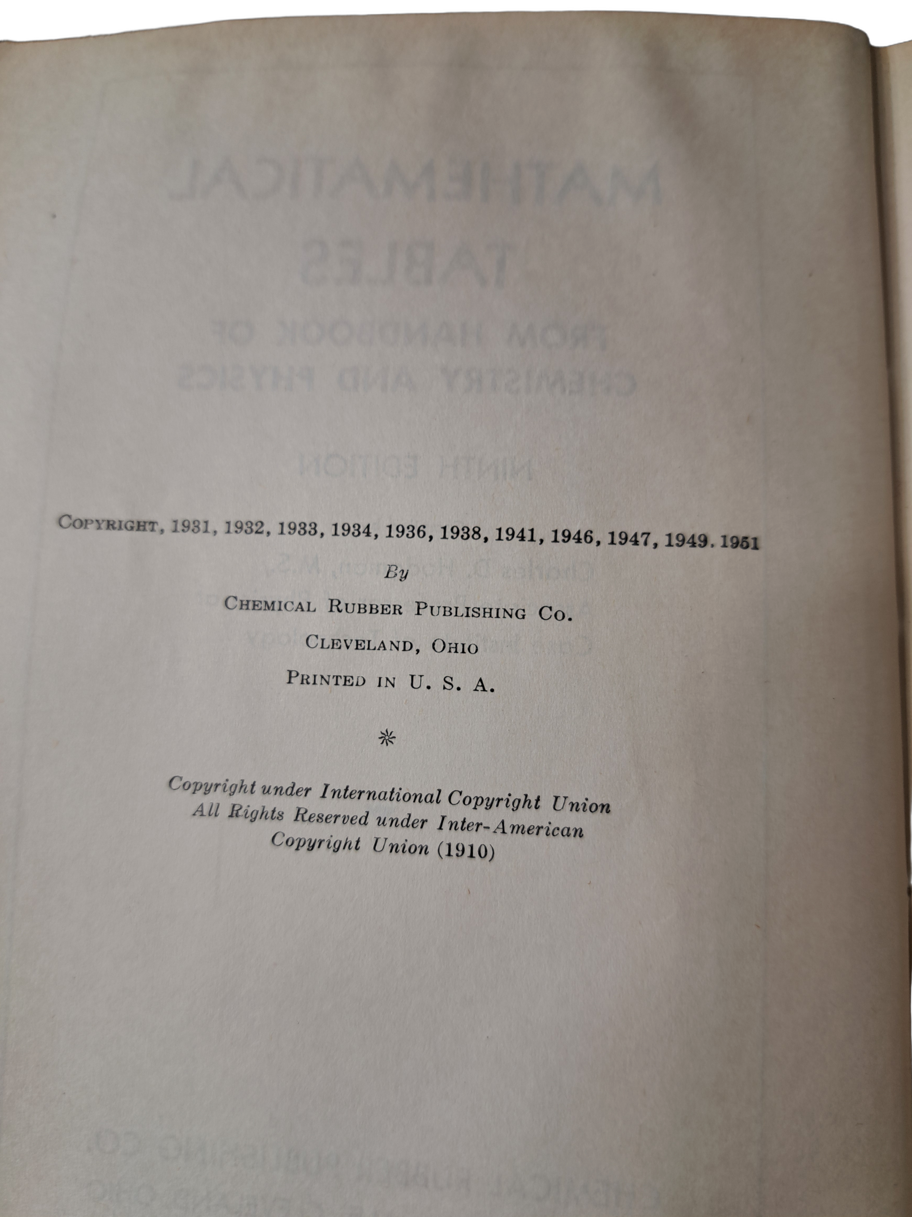 Vintage 1951 Mathematical Tables from Handbook of Chemistry & Physics