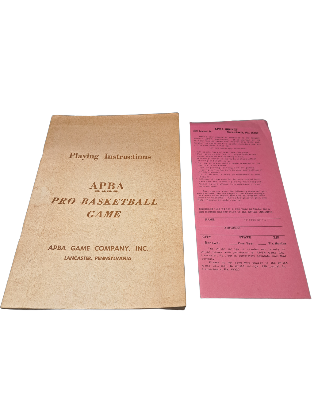 Vintage Playing Instructions: APBA Pro Basketball Game