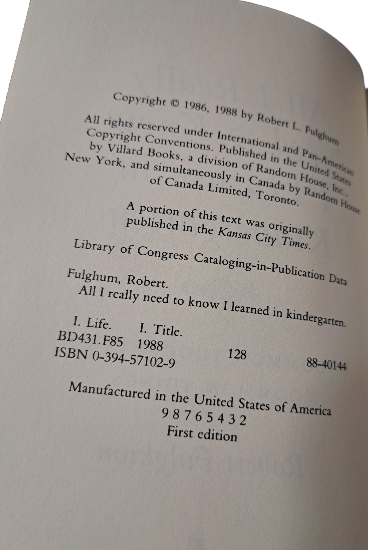 Vintage 1988 All I Really Need to Know I Learned in Kindergarten by Robert Fulghum