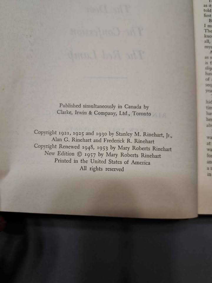 Vintage 1957 The Mary Rinehart Crime Book:The Door, The Confession, The Red Lamp