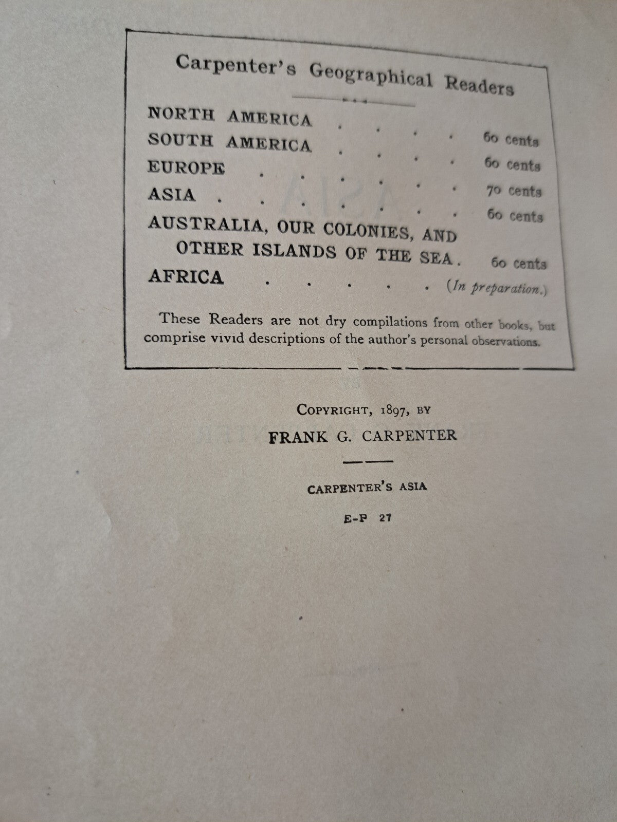 Vintage 1897 Carpenter's Geographical Reader: Asia book by Frank G Carpenter