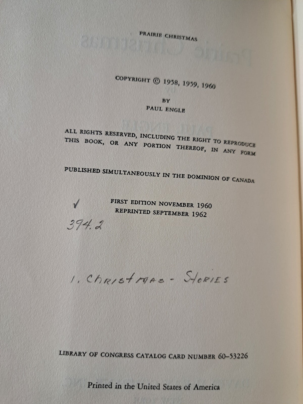 Vintage 1962 Prairie Christmas book by Paul Engle