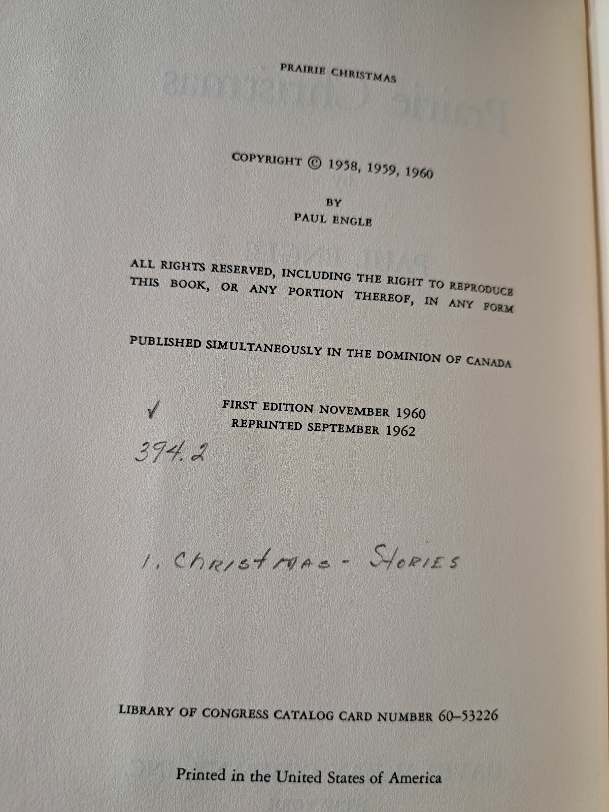 Vintage 1962 Prairie Christmas book by Paul Engle