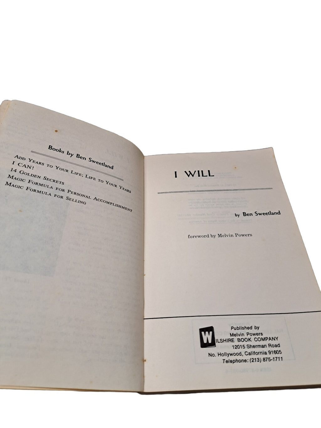 Vintage 1960 I Will by Ben Sweetland foreward by Melvin Powers
