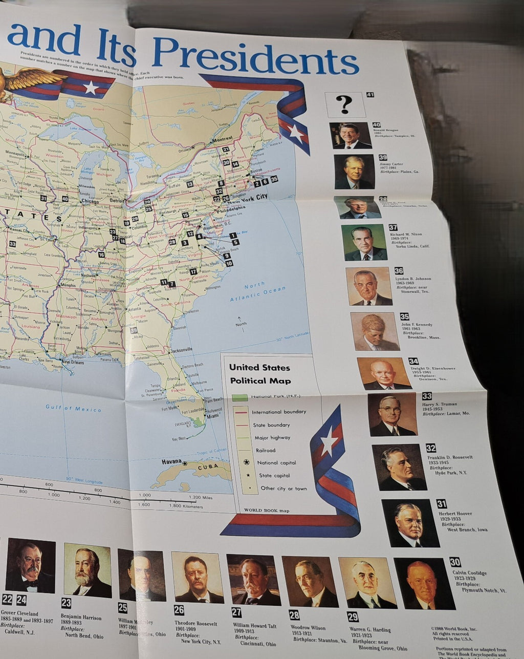 Vintage 1988 large map with American Presidents 1-40
