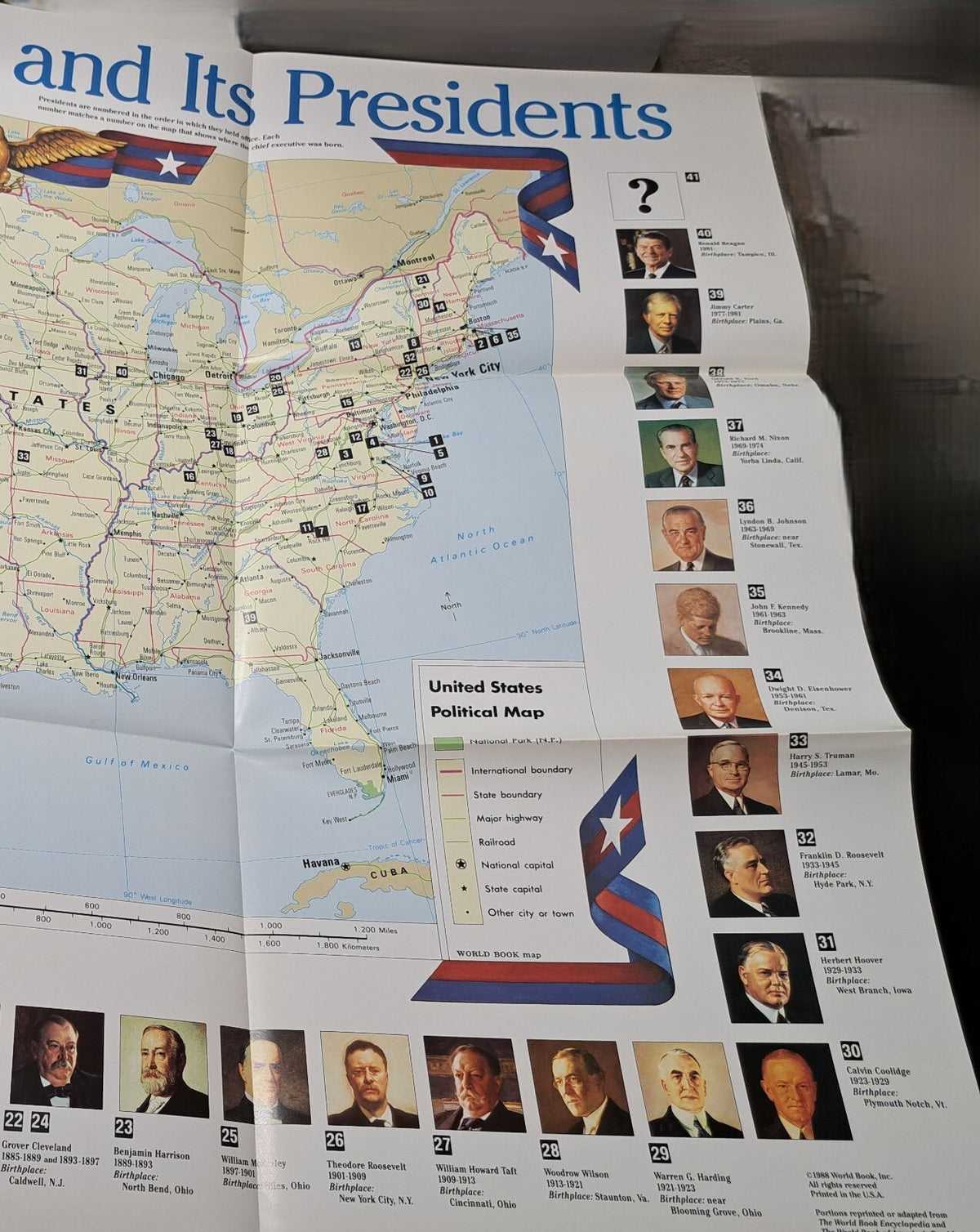 Vintage 1988 large map with American Presidents 1-40