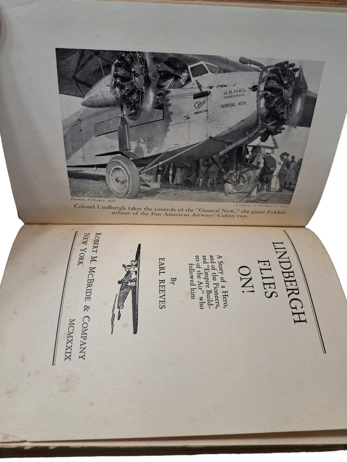Vintage 1939 edition of Lindbergh Flies On! book by Earl Reeves