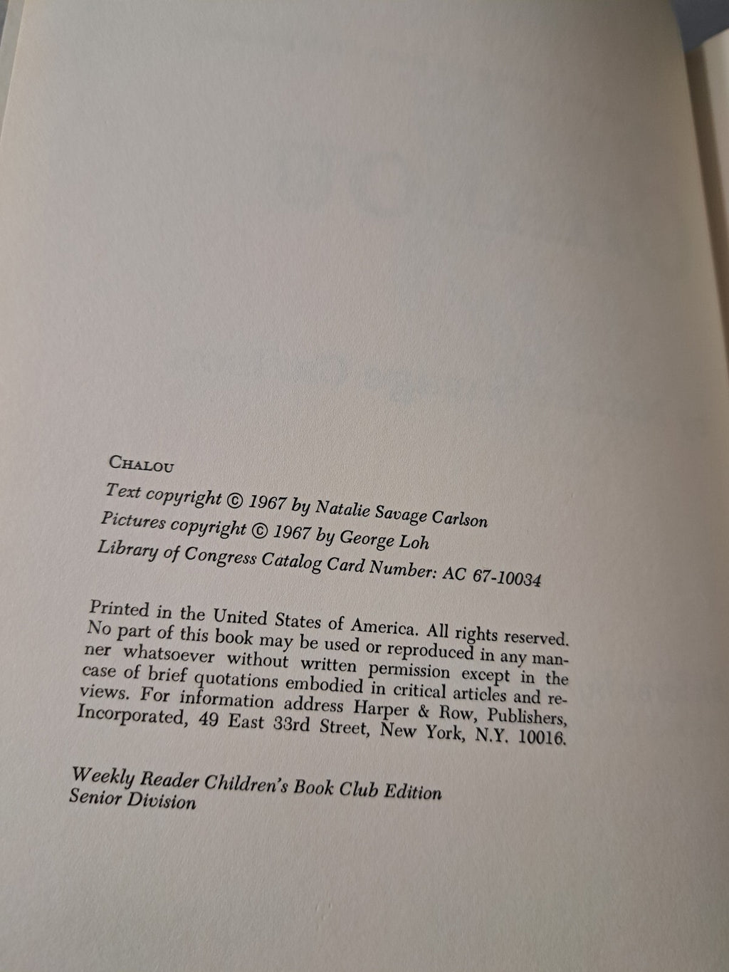 Vintage 1967 Chalou book by Natalie Savage Carlson