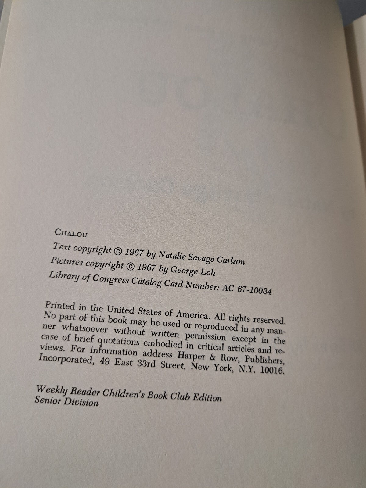 Vintage 1967 Chalou book by Natalie Savage Carlson