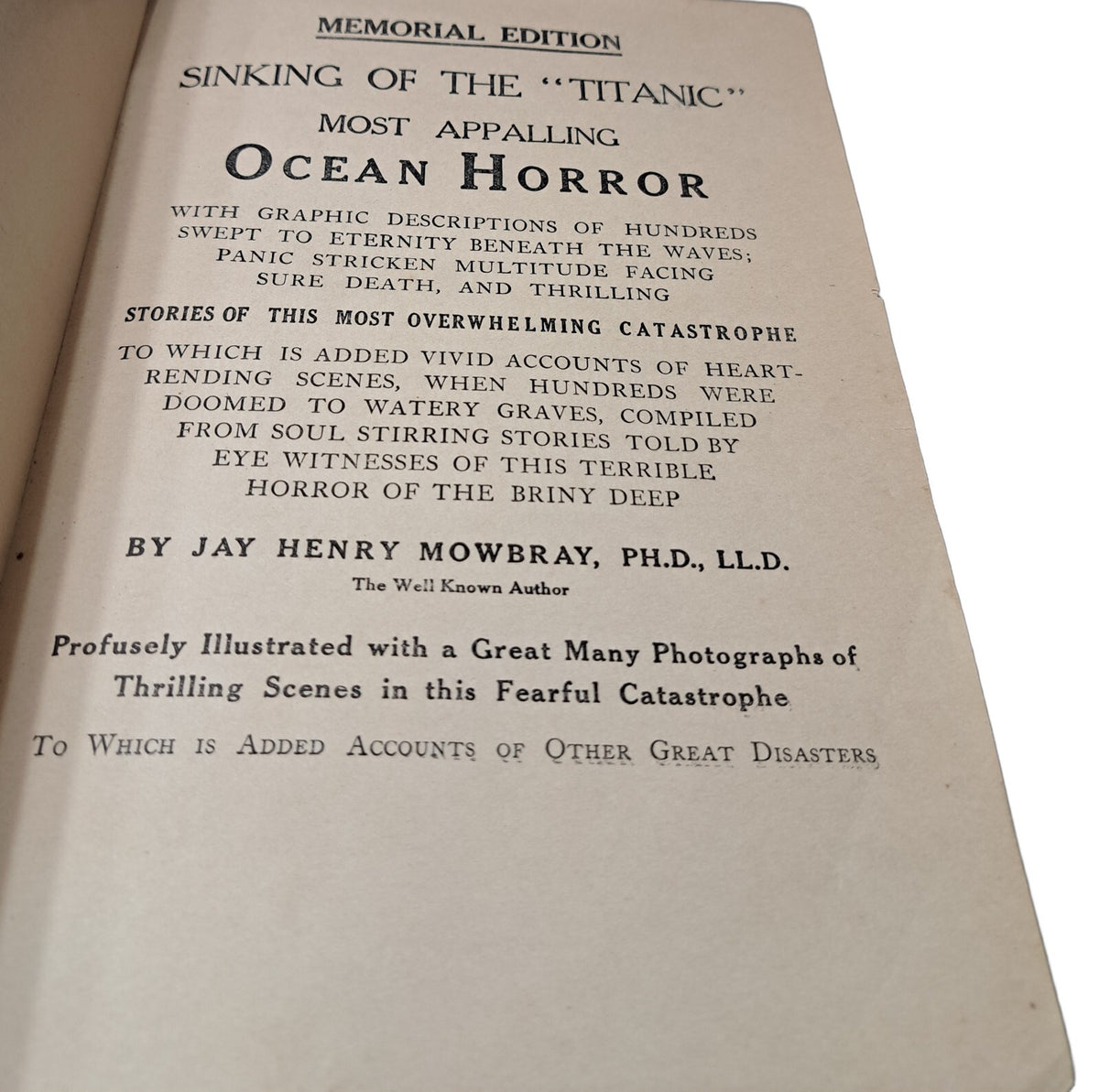 Vintage 1912 Memorial Edition of Sinking of The Titanic book by Jay Mowbray