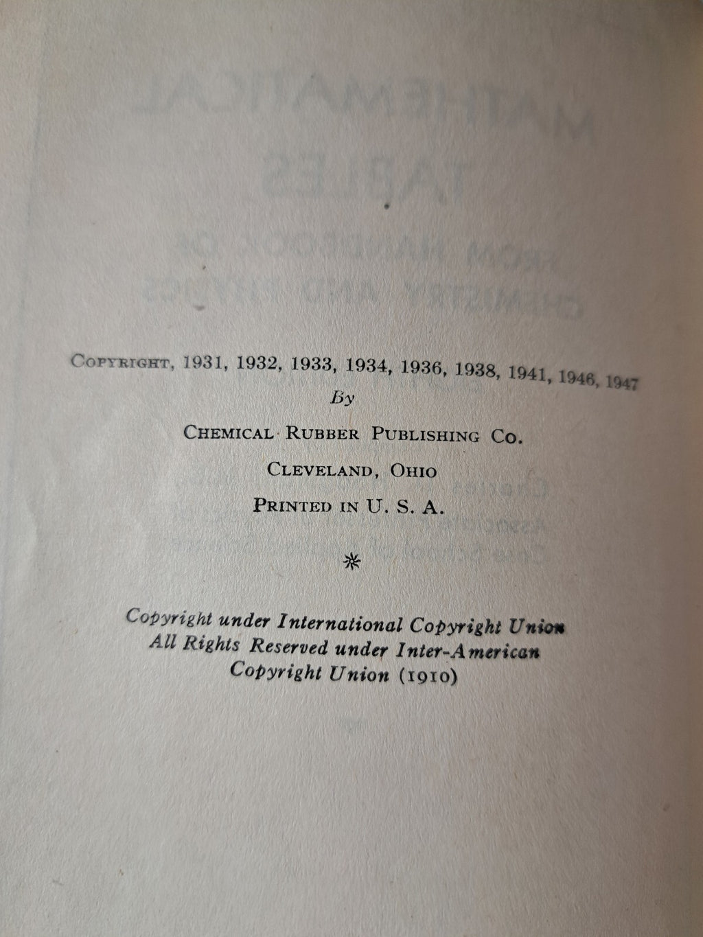 Vintage 1947 Mathematical Tables from Handbook of Chemistry and Physics