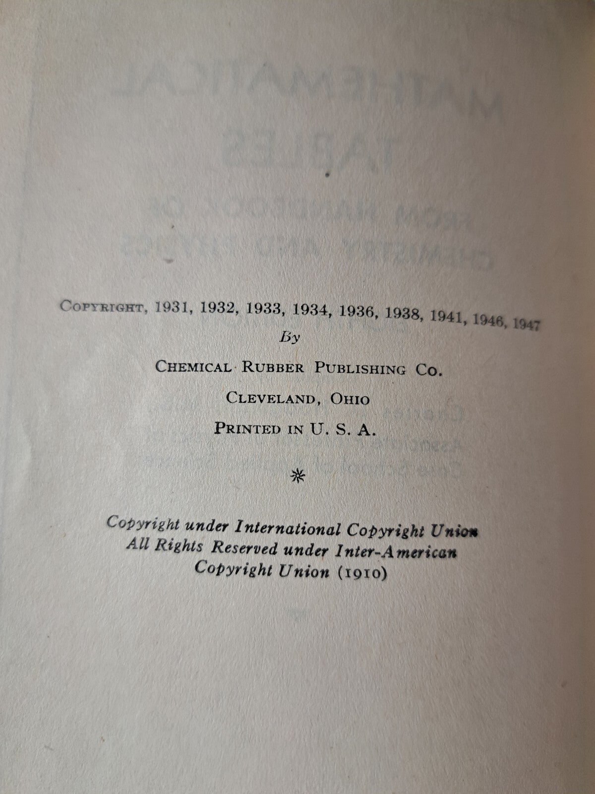 Vintage 1947 Mathematical Tables from Handbook of Chemistry and Physics
