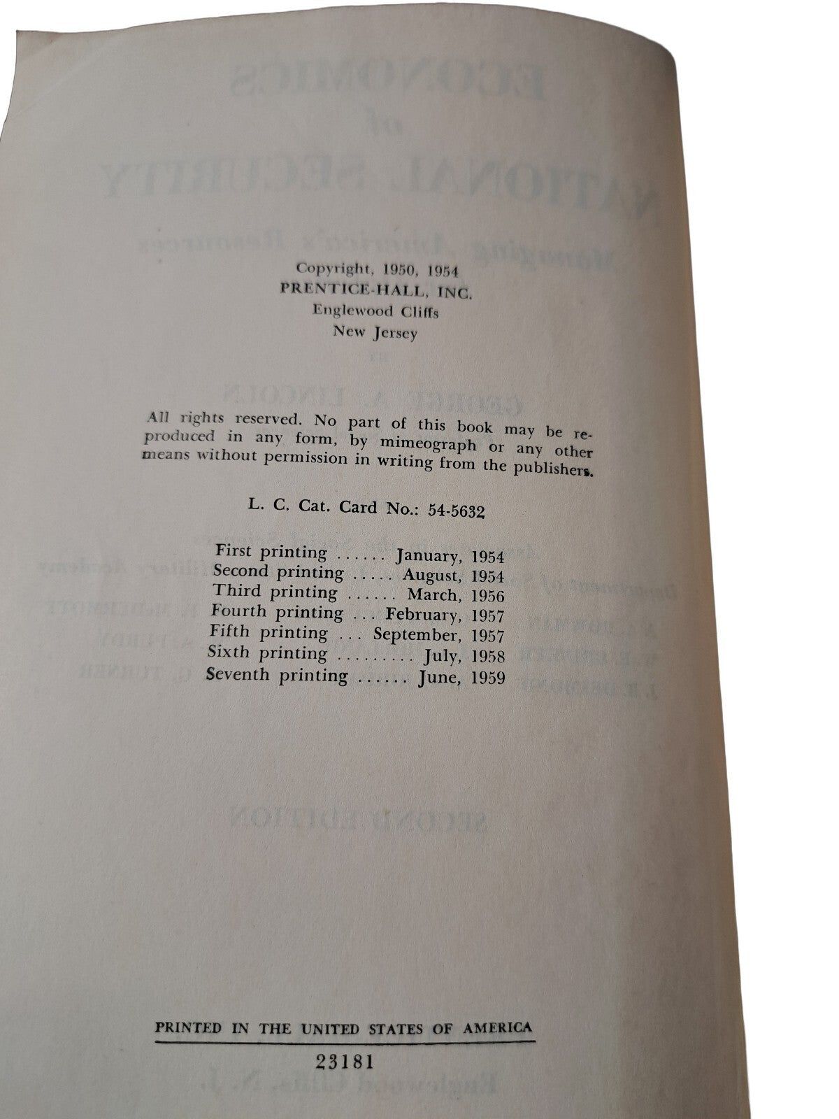 Vintage 1959 Economics of National Security book by George Lincoln